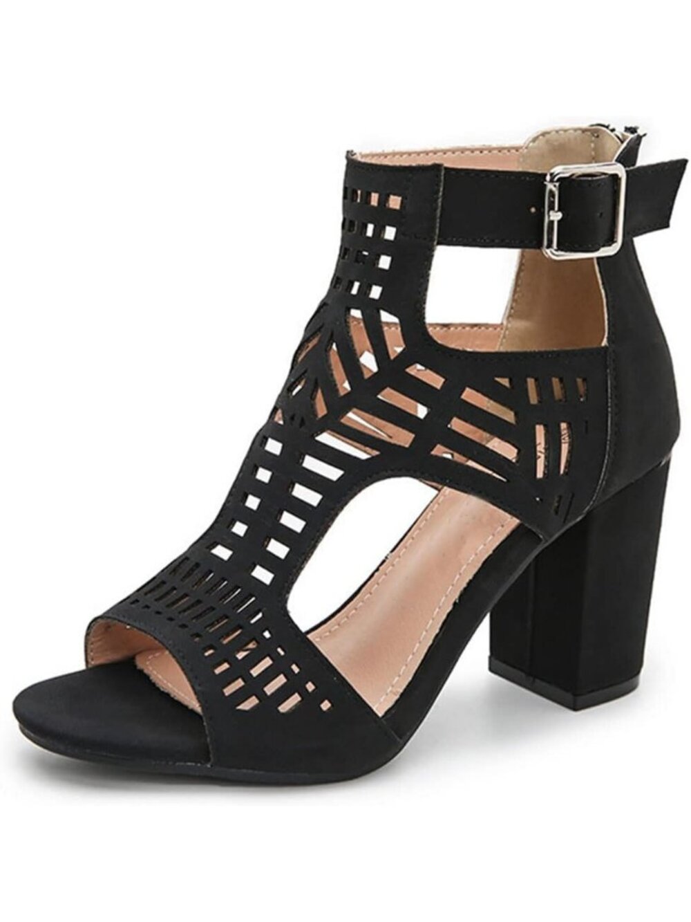 Women's Black Summer Open Toe Bohemian Cutout Wedge Chunky Block Heeled Sandals